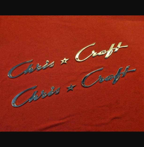 2 sets of Chris * Craft vintage chrome plated cast logo badge 14" version