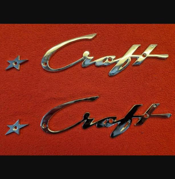 2 sets of Chris * Craft vintage chrome plated cast logo badge 14" version