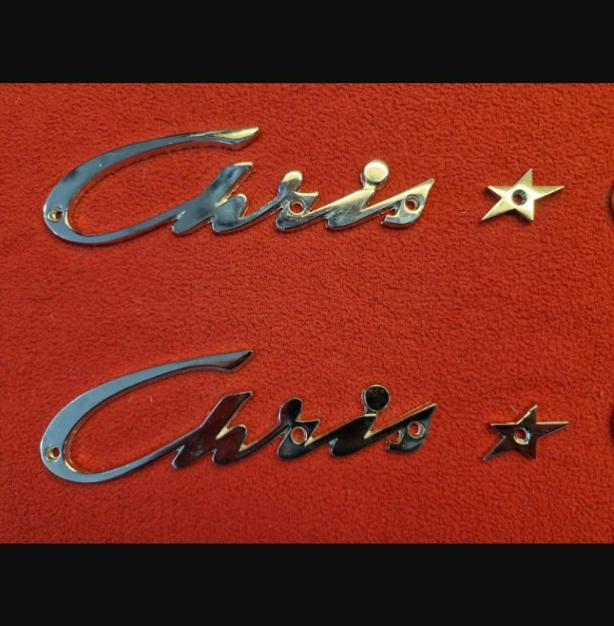 2 sets of Chris * Craft vintage chrome plated cast logo badge 14" version