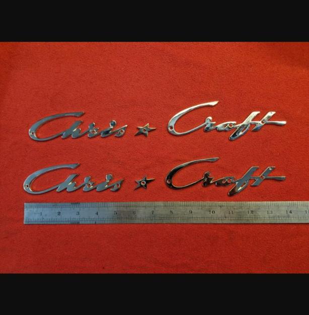 2 sets of Chris * Craft vintage chrome plated cast logo badge 14" version