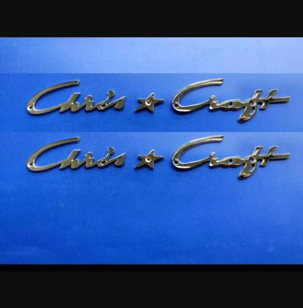 2 sets of Chris * Craft vintage chrome plated logo badge small version