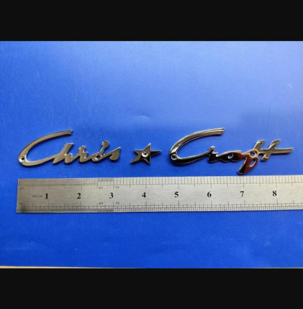 2 sets of Chris * Craft vintage chrome plated logo badge small version