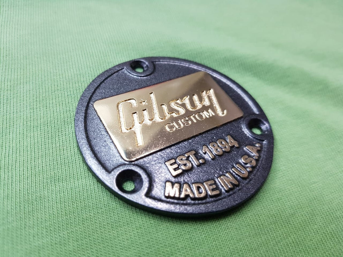 Gibson Custom Back Switch Plate Badge Logo Metallic with Real Gold Bath and Grey