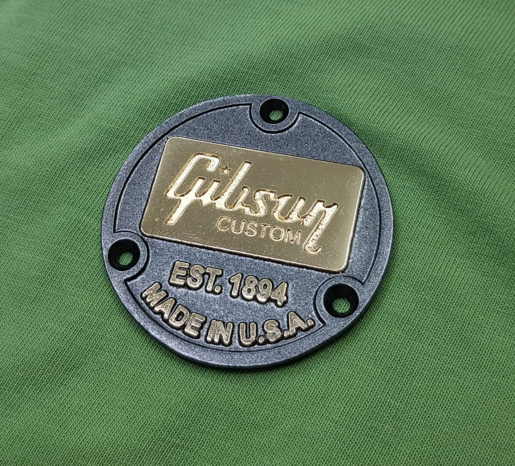 Gibson Custom Back Switch Plate Badge Logo Metallic with Real Gold Bath and Grey