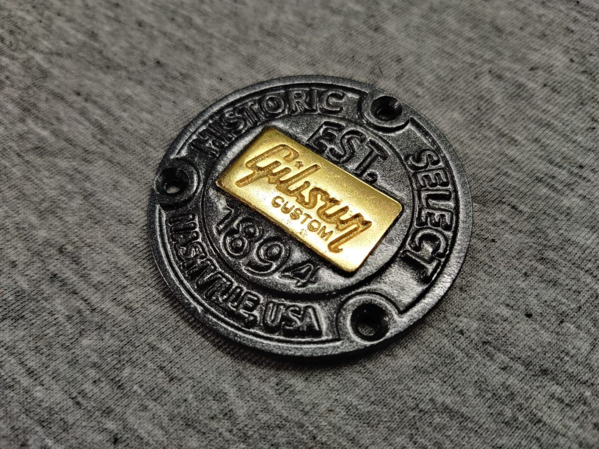 Gibson Custom Historic Select Back Switch Plate Badge Logo Metallic with Real Gold Bath and Grey