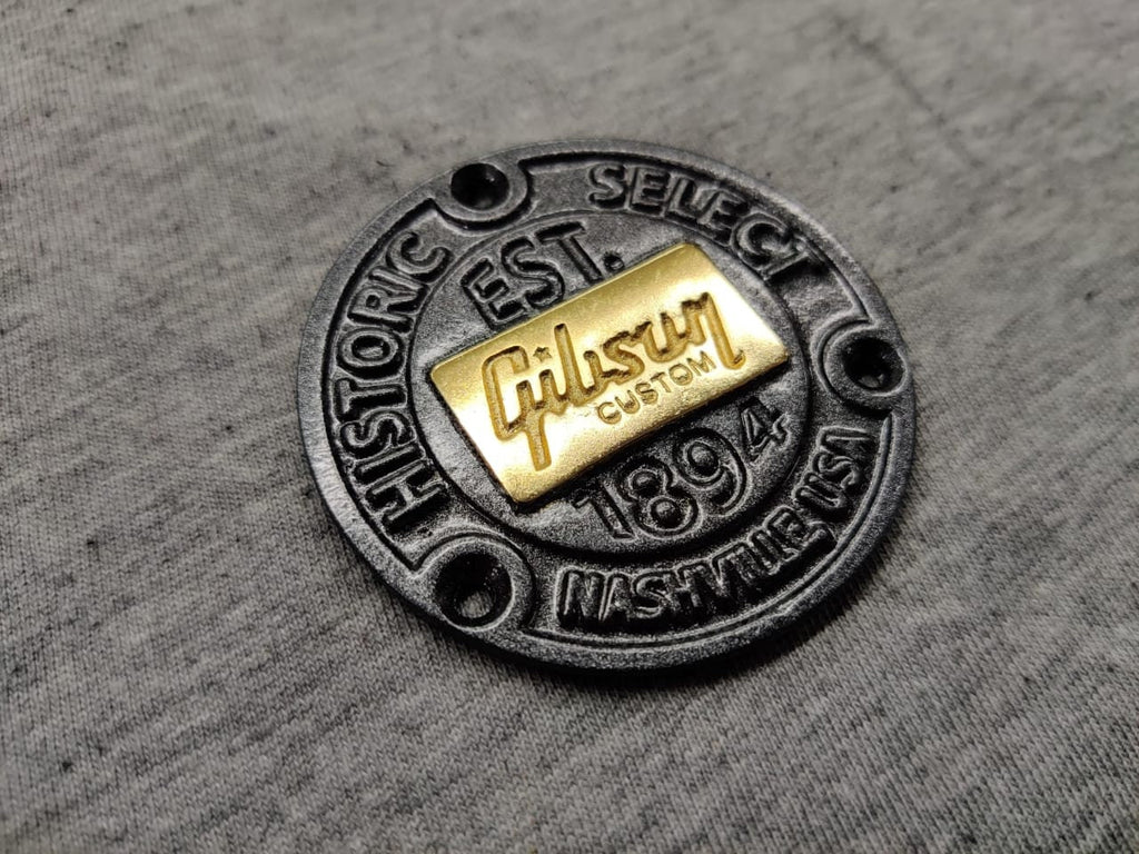 Gibson Custom Historic Select Back Switch Plate Badge Logo Metallic with Real Gold Bath and Grey