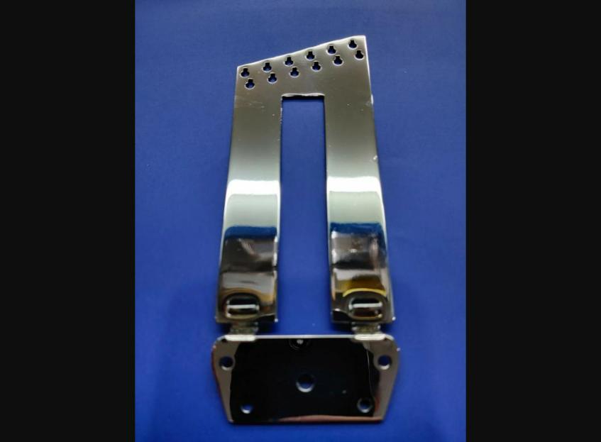 Long 12-string chrome trapeze tailpiece + reinforced bracket for Rickenbacker.