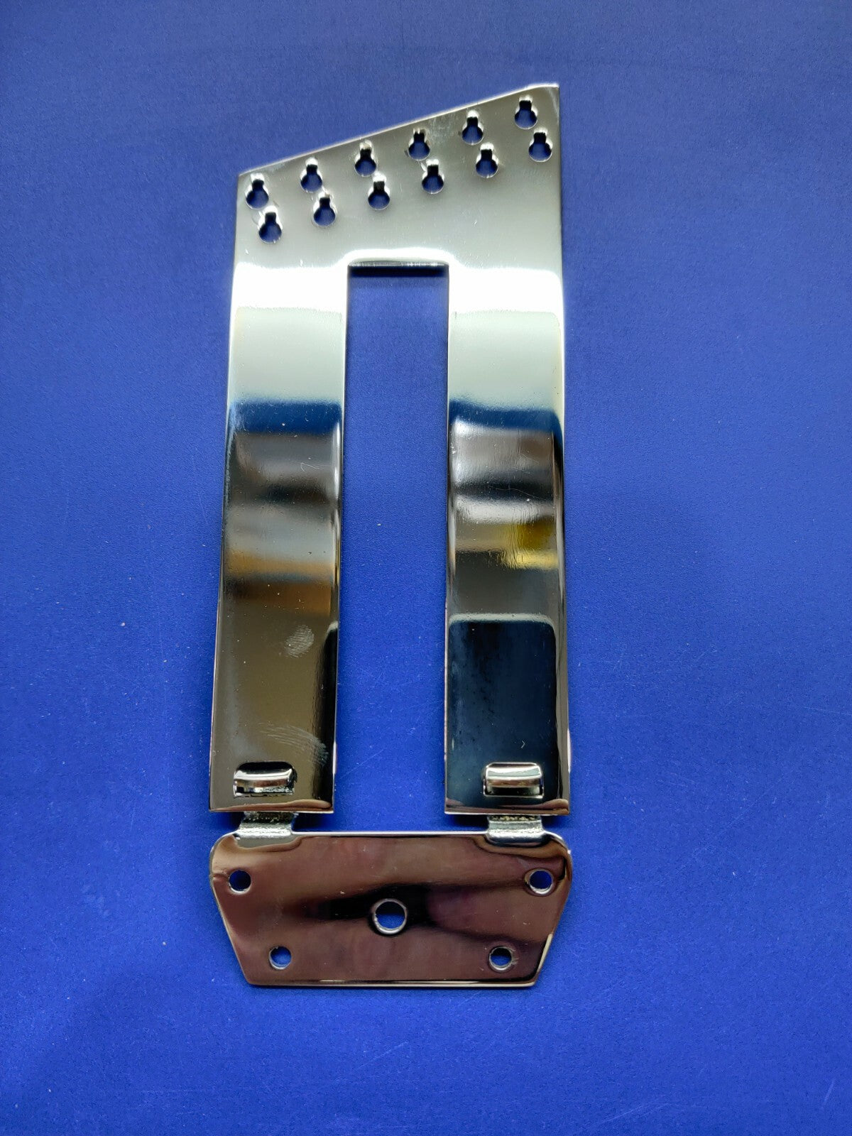 Long 12-string chrome trapeze tailpiece + reinforced bracket for Rickenbacker.